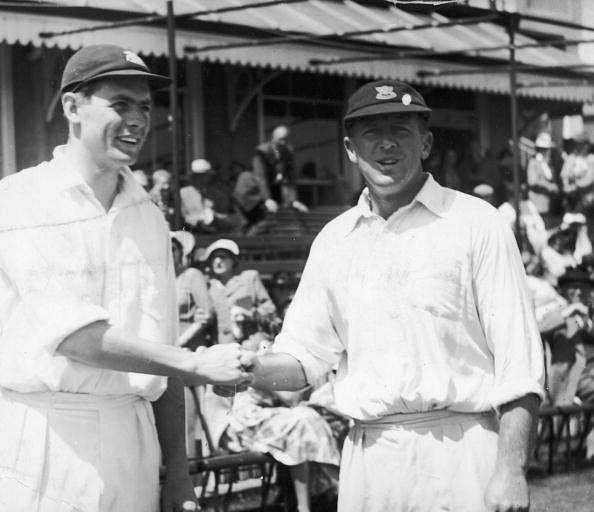 David Sheppard (left) being congratulated by veteran George Cox at Hove, after the announcement of his appointment as England&#039;s captain in the second test match against Pakistan.