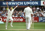 9 Aug 1998: Allan Donald of South Africa bowls Andrew Flintoff of England first, 5th test Headingley, Leeds, England, \ England won the the match to take the the series \ Mandatory Credit: Laurence Griffiths /Allsport