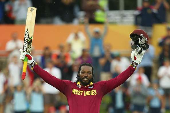 Chris Gayle of West Indies celebrates his double century during the 2015 ICC Cricket World Cup match in Canberra, Australia