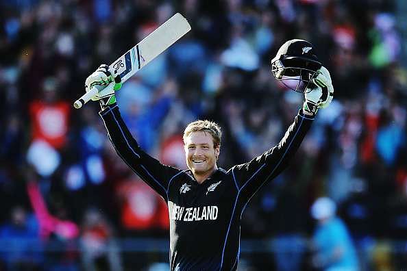 Martin Guptill of New Zealand celebrates his double century at Wellington Regional Stadium on March 21, 2015