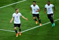 LILLE, FRANCE - JUNE 12: Shkodran Mustafi (L) of Germany celebrates scoring his team's first goal with his team mates Sami Khedira (C) and Jerome Boateng (R) during the UEFA EURO 2016 Group C match between Germany and Ukraine at Stade Pierre-Mauroy on June 12, 2016 in Lille, France. (Photo by Shaun Botterill/Getty Images)