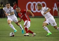 CHICAGO, IL - JULY 27: Franck Ribery #7 of FC Bayern Munich moves between Kucka Juraj #33 (L) and Honda Keisuke #10 of A.C. Milan during a friendly match in the International Champions Cup 2016 at Soldier Field on July 27, 2016 in Chicago, Illinois. A.C. Milan defeated Bayern Munich 5-3 on penality kicks following a 3-3 tie. (Photo by Jonathan Daniel/Getty Images)