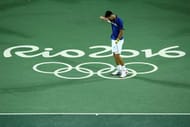 RIO DE JANEIRO, BRAZIL - AUGUST 07: Novak Djokovic of Serbia reacts during his match against Juan Martin Del Potro of Argentina in their singles match on Day 2 of the Rio 2016 Olympic Games at the Olympic Tennis Centre on August 7, 2016 in Rio de Janeiro, Brazil. (Photo by Cameron Spencer/Getty Images)