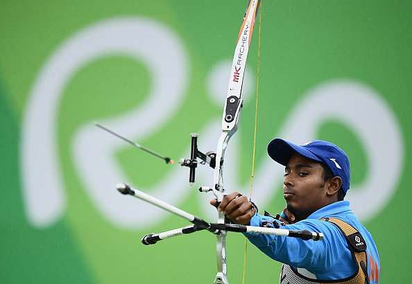 RIO DE JANEIRO, BRAZIL - AUGUST 12: Atanu Das of India competes in the Men&#039;s Individual round of 8 Elimination Round on Day 7 of the Rio 2016 Olympic Games at the Sambodromo on August 12, 2016 in Rio de Janeiro, Brazil.  (Photo by Matthias Hangst/Getty Images)