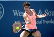 MASON, OH - AUGUST 19: Carla Suarez Navarro of Spain hits a return during her quarterfinal match against Angelique Kerber during day 7 of the Western & Southern Open at the Lindner Family Tennis Center on August 19, 2016 in Mason, Ohio. (Photo by Andy Lyons/Getty Images)