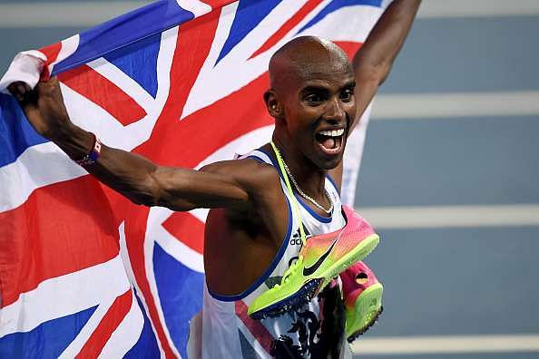 Mohamed Farah of Great Britain reacts after winning gold in the Men&#039;s 5000 metre Final