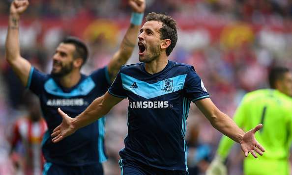 SUNDERLAND, ENGLAND - AUGUST 21:  Middlesbrough player Christian Stuani celebrates after scoring the opening goal during the Premier League match between Sunderland and Middlesbrough at Stadium of Light on August 21, 2016 in Sunderland, England.  (Photo by Stu Forster/Getty Images )