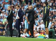 MANCHESTER, ENGLAND - AUGUST 28: Josep Guardiola, Manager of Manchester City hugs Sergio Aguero as he leaves the field during the Premier League match between Manchester City and West Ham United at Etihad Stadium on August 28, 2016 in Manchester, England. (Photo by Chris Brunskill/Getty Images)