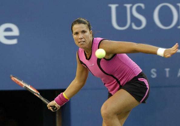 Jennifer Capriati  loses to Elena Dementieva  in the sem- finals  of the women&#039;s singles September 10, 2004  at the 2004 US Open in New York. (Photo by A. Messerschmidt/Getty Images)