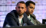 MANCHESTER, ENGLAND - SEPTEMBER 08: Footballer Michael Chopra of Kerala Blasters FC sits with Shirish Kulkarni, President of Liverpool International Football Academy DSK-Shivajians, right, as they attend the Soccerex European Forum Conference Programme at Manchester Central on September 8, 2014 in Manchester, England. (Photo by Dave Thompson/Getty Images)