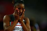 LONDON, ENGLAND - JULY 22: Kendra Harrison of The USA celebrates after setting a new world record in the womens 100m hurdles on Day One of the Muller Anniversary Games at The Stadium - Queen Elizabeth Olympic Park on July 22, 2016 in London, England. (Photo by Christopher Lee/Getty Images )
