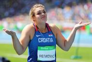 RIO DE JANEIRO, BRAZIL - AUGUST 16: Sandra Perkovic of Croatia reacts after winning the gold medal in the Women's Discus Throw Final on Day 11 of the Rio 2016 Olympic Games at the Olympic Stadium on August 16, 2016 in Rio de Janeiro, Brazil. (Photo by Ian Walton/Getty Images)