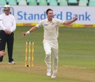 DURBAN, SOUTH AFRICA - AUGUST 19: Trent Boult of New Zealand celebrates the wicket of Stephen Cook of the Proteas during Day 1 of the 1st Sunfoil International Test match between South Africa and New Zealand at Sahara Stadium Kingsmead on August 19, 2016 in Durban, South Africa. (Photo by Lee Warren/Gallo Images/Getty Images)