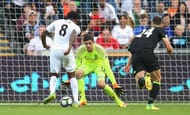 SWANSEA, WALES - SEPTEMBER 11: Leroy Fer of Swansea City (8) beats goalkeeper Thibaut Courtois and Gary Cahill of Chelsea (24) as he scores their second goal during the Premier League match between Swansea City and Chelsea at Liberty Stadium on September 11, 2016 in Swansea, Wales. (Photo by Alex Livesey/Getty Images)