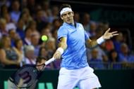 GLASGOW, SCOTLAND - SEPTEMBER 16: Juan Martin del Potro of Argentina hits a forehand during his singles match against Andy Murray of Great Britain during day one of the Davis Cup Semi Final between Great Britain and Argentina at Emirates Arena on September 16, 2016 in Glasgow, Scotland. (Photo by Clive Brunskill/Getty Images)