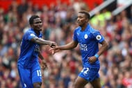 MANCHESTER, ENGLAND - SEPTEMBER 24: Demarai Gray of Leicester City (R) celebrates scoring his sides first goal with Daniel Amartey of Leicester City (L)during the Premier League match between Manchester United and Leicester City at Old Trafford on September 24, 2016 in Manchester, England. (Photo by Clive Brunskill/Getty Images)