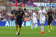 SWANSEA, WALES - SEPTEMBER 24: Sergio Aguero of Manchester City celebrates scoring his sides second goal during the Premier League match between Swansea City and Manchester City at the Liberty Stadium on September 24, 2016 in Swansea, Wales. (Photo by Michael Steele/Getty Images)