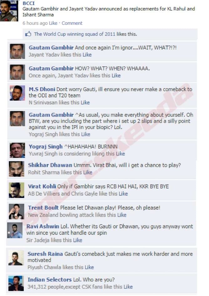 Fake FB Wall: Cricketers react to Gautam Gambhir's recall to the Indian Test side