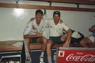 21 Mar 1994: Steve Waugh and Glen McGrath of Australia celebrate victory after the Second Test match against South Africa at Newlands in Capetown, South Africa. Australia won the match by nine wickets. \ Mandatory Credit: Mike Hewitt/Allsport