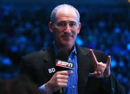 LONDON, ENGLAND - NOVEMBER 07: Brad Gilbert makes a sign as he covers the men's singles match between Juan Martin Del Potro of Argentina and Novak Djokovic of Serbia during day four of the Barclays ATP World Tour Finals at O2 Arena on November 7, 2013 in London, England. (Photo by Julian Finney/Getty Images)