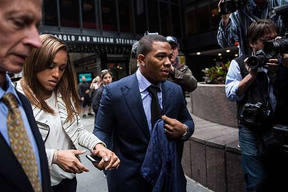 NEW YORK, NY - NOVEMBER 05: Suspended Baltimore Ravens football player Ray Rice (R) and his wife Janay Palmer arrive for a hearing on November 5, 2014 in New York City. Rice is fighting his suspension after being caught beating his wife in an Atlantic City casino elevator in February 2014. (Photo by Andrew Burton/Getty Images)