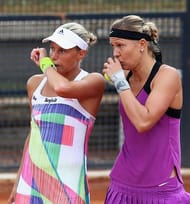 ROME, ITALY - MAY 14: Andrea Hlavackova and Lucie Hradecka of the Czech Republic in action against Ekaterina Makarova and Elena Vesnina of Russia during day seven of The Internazionali BNL d'Italia 2016 on May 14, 2016 in Rome, Italy. (Photo by Matthew Lewis/Getty Images)