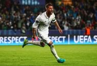 TRONDHEIM, NORWAY - AUGUST 09: Sergio Ramos of Real Madrid celebrates scoring his team's second goal during the UEFA Super Cup match between Real Madrid and Sevilla at Lerkendal Stadion on August 9, 2016 in Trondheim, Norway. (Photo by Michael Steele/Getty Images)