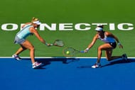 NEW HAVEN, CT - AUGUST 26: Timea Babos of Hungry and Yaroslava Shvedova of Kazakhstan compete against Kateryna Bondarenko of Ukraine and Chia-Jung Chuang of Taiwan on day 6 of the Connecticut Open at the Connecticut Tennis Center at Yale on August 26, 2016 in New Haven, Connecticut. (Photo by Alex Goodlett/Getty Images)
