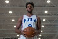 CAMDEN, NJ - SEPTEMBER 26: Jahlil Okafor #8 of the Philadelphia 76ers poses for a portrait during media day on September 26, 2016 in Camden, New Jersey. NOTE TO USER: User expressly acknowledges and agrees that, by downloading and or using this photograph, User is consenting to the terms and conditions of the Getty Images License Agreement. (Photo by Mitchell Leff/Getty Images)