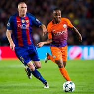 BARCELONA, SPAIN - OCTOBER 19: Jeremy Mathieu (L) of FC Barcelona fights for the ball with Raheem Sterling (R) of Manchester City FC during the UEFA Champions League group C match between FC Barcelona and Manchester City FC at Camp Nou on October 19, 2016 in Barcelona, Spain. (Photo by Alex Caparros/Getty Images)