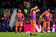 BARCELONA, SPAIN - OCTOBER 19: Nicolas Otamendi (L) and Ilkay Gundogan (R) of Manchester City FC look dejected after FC Barcelona scored a goal during the UEFA Champions League group C match between FC Barcelona and Manchester City FC at Camp Nou on October 19, 2016 in Barcelona, Spain. (Photo by Alex Caparros/Getty Images)