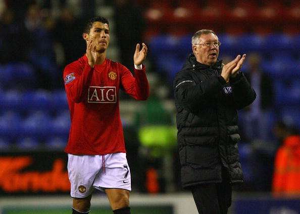 WIGAN, ENGLAND - MAY 13:  Sir Alex Ferguson the manager of Manchester United and Cristiano Ronaldo celebrate after the Barclays Premier League match between Wigan Athletic and Manchester United at the JJB Stadium on May 13, 2009 in Wigan, England.  (Photo by Alex Livesey/Getty Images)