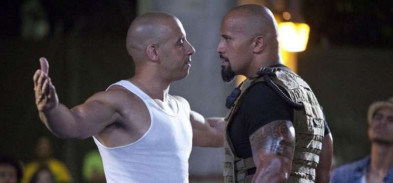 Dwayne Johnson (R) with Vin Diesel (L) in a still from the Fast and Furious series