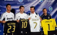 LOS ANGELES, CA - JULY 12: Real Madrid players Cristiano Ronaldo, (L) goalkeeper Iker Casillas (2L) and Los Angeles Galaxy players David Beckham (2R) and Landon Donovan pose after a news conference to announce the Herbalife World Football Challange 2011 friendly soccer torunament between 13 european and US soccer clubs on July 12, 2011 in Los Angeles, California. The Los Angeles Galaxy will play Real Madrid in a friendly soccer match on Saturday. (Photo by Kevork Djansezian/Getty Images)