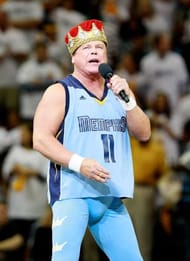 MEMPHIS, TN - MAY 13: Professional wrestler Jerry 'The King' Lawler address the fans prior to to Game Seven of the Western Conference Quarterfinals in the 2012 NBA Playoffs between the Memphis Grizzlies and the Los Angeles Clippers at FedExForum on May 13, 2012 in Memphis, Tennessee. NOTE TO USER: User expressly acknowledges and agrees that, by downloading and or using this photograph, User is consenting to the terms and conditions of the Getty Images License Agreement (Photo by Kevin C. Cox/Getty Images)
