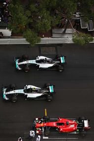 MONTE-CARLO, MONACO - MAY 24: (top to bottom) The third placed car of Lewis Hamilton of Great Britain and Mercedes GP, first placed car of Nico Rosberg of Germany and Mercedes GP and third placed car of Sebastian Vettel of Germany and Ferrari are seen in parc ferme following the Monaco Formula One Grand Prix at Circuit de Monaco on May 24, 2015 in Monte-Carlo, Monaco. (Photo by Mark Thompson/Getty Images)