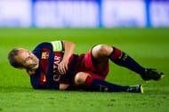 BARCELONA, SPAIN - SEPTEMBER 29: Andres Iniesta of FC Barcelona lays injured during the UEFA Champions League Group E match between FC Barcelona and Bayern 04 Leverkusen at Camp Nou on September 29, 2015 in Barcelona, Spain. (Photo by Alex Caparros/Getty Images)