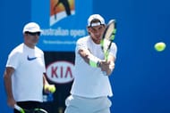 MELBOURNE, AUSTRALIA - JANUARY 18: Rafael Nadal plays a backhand in a practice session during day one of the 2016 Australian Open at Melbourne Park on January 18, 2016 in Melbourne, Australia. (Photo by Zak Kaczmarek/Getty Images)