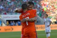 SANTA CLARA, CA - JUNE 18: Eduardo Vargas #11 and Alexis Sanchez #7 of Chile celebrate after Vargas scored a goal against Mexico during the 2016 Copa America Centenario Quarterfinals match play between Mexico and Chile at Levi's Stadium on June 18, 2016 in Santa Clara, California. (Photo by Thearon W. Henderson/Getty Images)