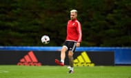 DINARD, FRANCE - JULY 05: Wales player Aaron Ramsey in action during Wales training ahead of their UEFA Euro 2016 Semi final against Portugal at College Le Bocage on July 5, 2016 in Dinard, France. (Photo by Stu Forster/Getty Images)