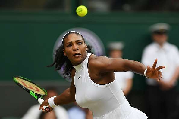 LONDON, ENGLAND - JULY 04:  Serena Williams of The United States plays a forehand during the Ladies Singles fourth round match against Svetlana Kuznetsova of Russia on day seven of the Wimbledon Lawn Tennis Championships at the All England Lawn Tennis and Croquet Club on July 4, 2016 in London, England.  (Photo by Shaun Botterill/Getty Images)