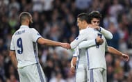 MADRID, SPAIN - OCTOBER 18: Alvaro Morata (C) of Real Madrid celebrates scoring his team's fifth goal with his team mates Karim Benzema (L) and Cristiano Ronaldo (R) during the UEFA Champions League Group F match between Real Madrid CF and Legia Warszawa at Bernabeu on October 18, 2016 in Madrid, Spain. (Photo by Denis Doyle/Getty Images)