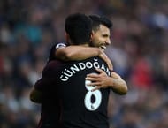 WEST BROMWICH, ENGLAND - OCTOBER 29: Sergio Aguero of Manchester City (R) celebrates scoring his sides second goal with Ilkay Gundogan of Manchester City (L) during the Premier League match between West Bromwich Albion and Manchester City at The Hawthorns on October 29, 2016 in West Bromwich, England. (Photo by Laurence Griffiths/Getty Images)
