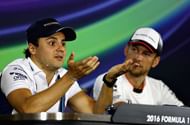 ABU DHABI, UNITED ARAB EMIRATES - NOVEMBER 24: Jenson Button of Great Britain and McLaren Honda and Felipe Massa of Brazil and Williams talk in their final Drivers Press Conference before their impending retirement during previews for the Abu Dhabi Formula One Grand Prix at Yas Marina Circuit on November 24, 2016 in Abu Dhabi, United Arab Emirates. (Photo by Clive Mason/Getty Images)