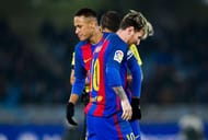 SAN SEBASTIAN, SPAIN - NOVEMBER 27: Lionel Messi and Neymar of FC Barcelona reacts during the La Liga match between Real Sociedad de Futbol and FC Barcelona at Estadio Anoeta on November 27, 2016 in San Sebastian, Spain. (Photo by Juan Manuel Serrano Arce/Getty Images)