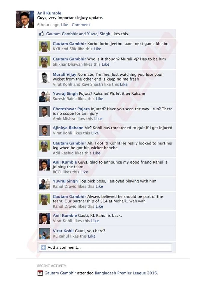 Fake FB Wall: Anil Kumble provides the team with an important injury update