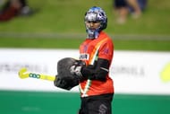 PERTH, AUSTRALIA - NOVEMBER 23: P.R. Sreejesh of India guards the goal during the Australia v India game during day two of the 2012 International Super Series at Perth Hockey Stadium on November 23, 2012 in Perth, Australia. (Photo by Will Russell/Getty Images)