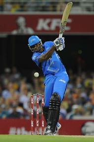 BRISBANE, AUSTRALIA - JANUARY 04: Kieron Pollard of the Strikers bats during the Big Bash league match between the Brisbane Heat and the Adelaide Strikers at The Gabba on January 4, 2015 in Brisbane, Australia. (Photo by Matt Roberts/Getty Images)
