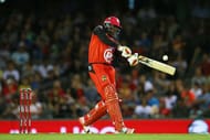 MELBOURNE, AUSTRALIA - JANUARY 18: Chris Gayle of the Renegades hits a six during the Big Bash League match between the Melbourne Renegades and the Adelaide Strikers at Etihad Stadium on January 18, 2016 in Melbourne, Australia. (Photo by Graham Denholm/Getty Images)