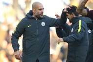 BURNLEY, ENGLAND - NOVEMBER 26: Josep Guardiola, Manager of Manchester City congratulates Nolito after their 2-1 win in the Premier League match between Burnley and Manchester City at Turf Moor on November 26, 2016 in Burnley, England. (Photo by Alex Livesey/Getty Images)